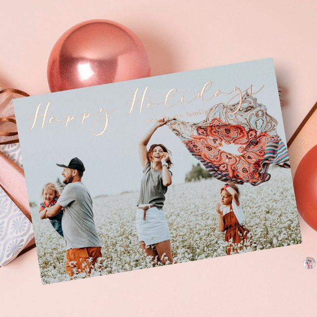Minimalist Happy Holidays Chic Script Calligraphy Foil Holiday Card (Rose Gold Minimalist Happy Holidays Modern Script Calligraphy Metallic Foil Holidays Card.)