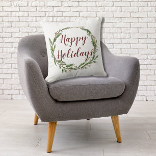 Minimalist Happy Holidays Watercolor Pine Wreath Cushion