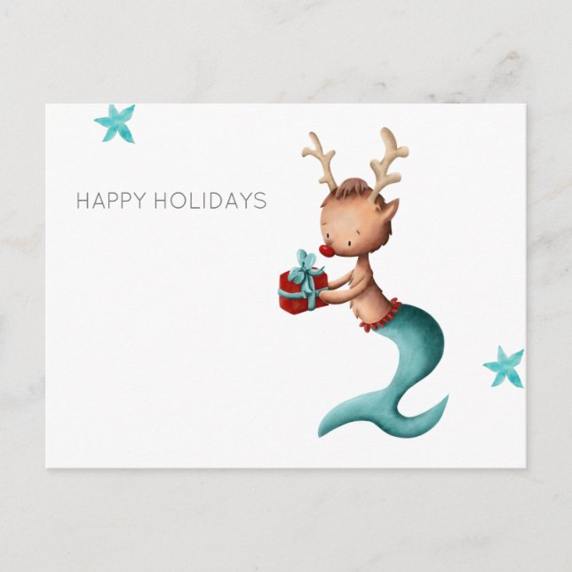 Minimalist Happy Holidays with Reindeer Mermaid Holiday Postcard (Front)