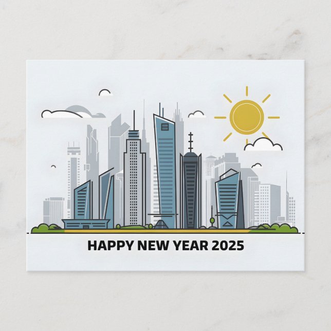 Minimalist Happy New Year 2025 Cityscape Holiday Postcard (Front)