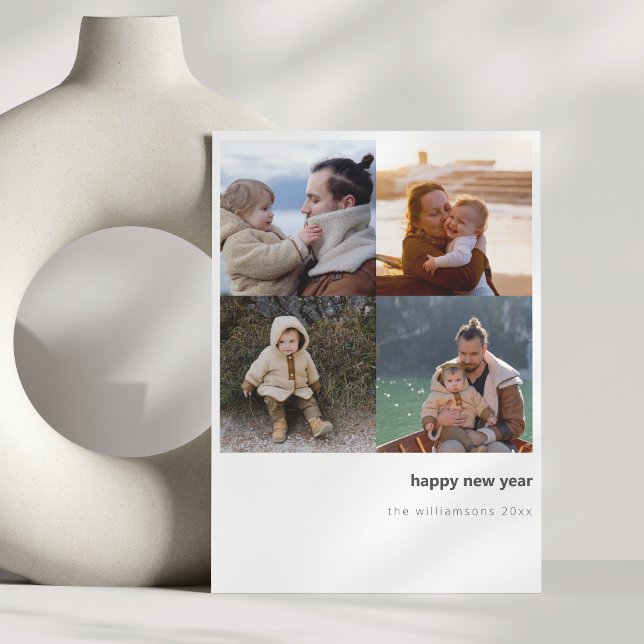 Minimalist Happy New Year Bold Four Photo Grid Holiday Card (Creator Uploaded)