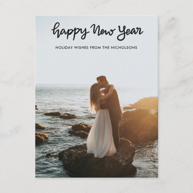 Minimalist Happy New Year Handwritten Script Photo Holiday Postcard (Front)