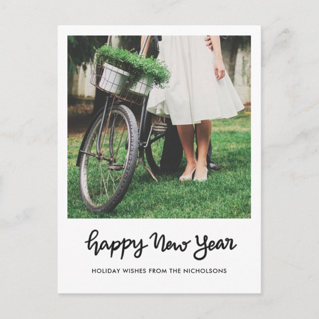 Minimalist Happy New Year Handwritten Script Photo Holiday Postcard (Front)