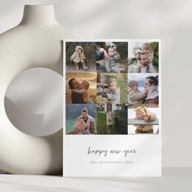 Minimalist Happy New Year Script 9 Photo Grid Holiday Card (Creator Uploaded)