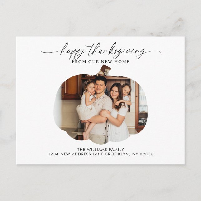 Minimalist Happy Thanksgiving Pumpkin Photo Moving Announcement Postcard (Front)