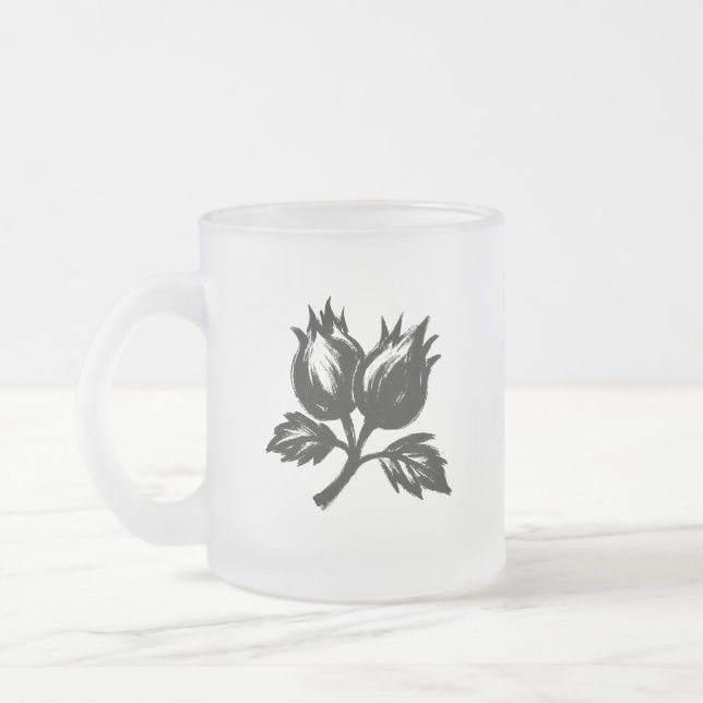 Minimalist Hazelnut – Ink Brush Botanic Design on  Frosted Glass Coffee Mug (Left)