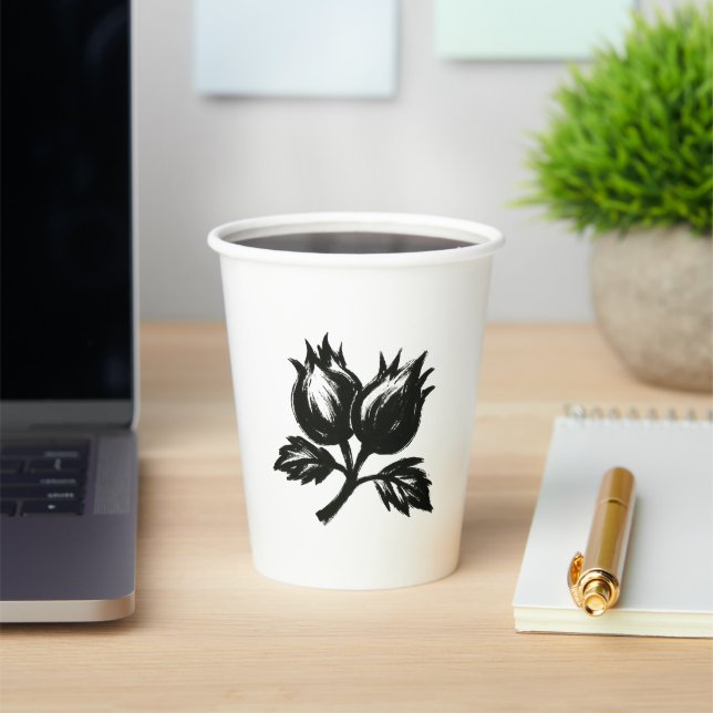 Minimalist Hazelnut – Ink Brush Botanic Design on  Paper Cups (Insitu)