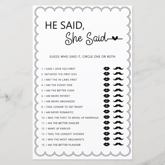 Minimalist he said she said bridal shower game (Front)