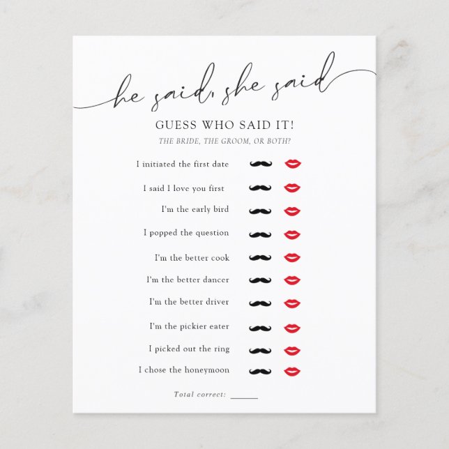 Minimalist He Said, She Said Bridal Shower Game (Front)