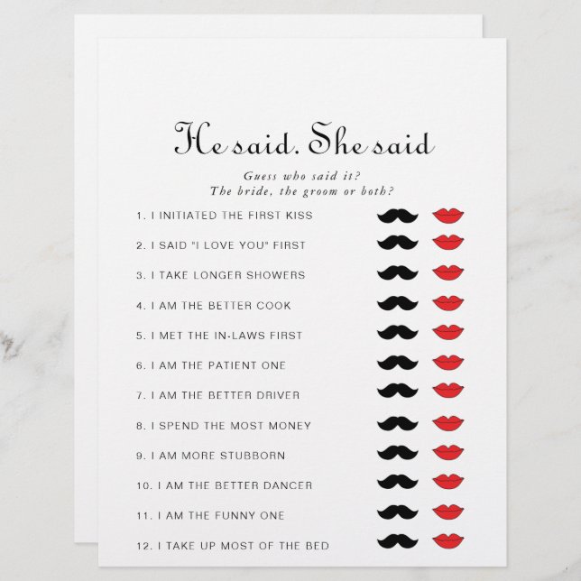 Minimalist He Said She Said Bridal Shower Game (Front/Back)