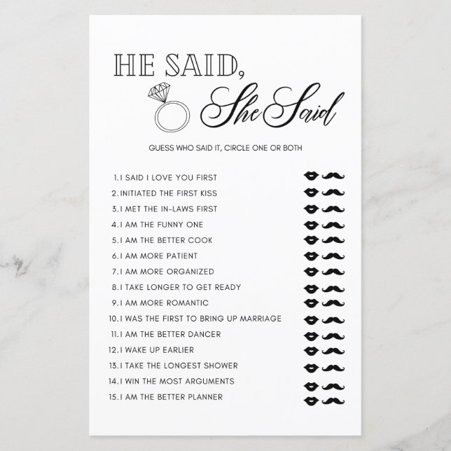 Minimalist He said she said bridal shower game (Front)