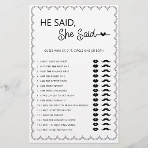 Minimalist he said she said bridal shower game fly flyer