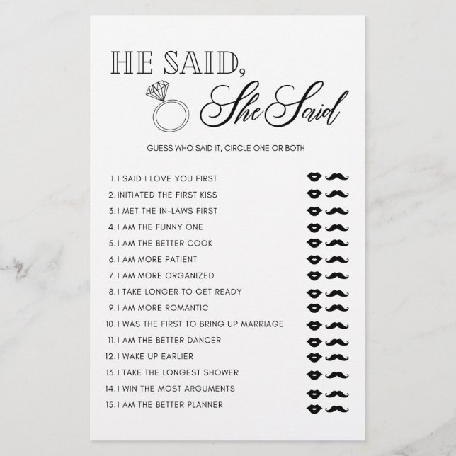 Minimalist He said she said bridal shower game Flyer (Front)