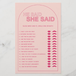 Minimalist he said she said bridal shower game flyer