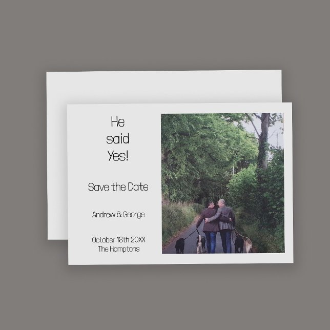 Minimalist He Said Yes Photo Gay Grey Wedding Save The Date (Available digitally or printed)