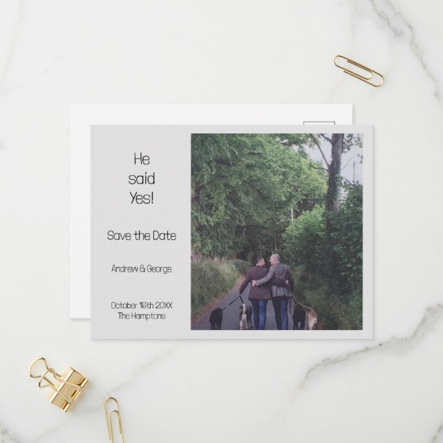 Minimalist He Said Yes Photo Gay Wedding Invitation Postcard (Front/Back In Situ)