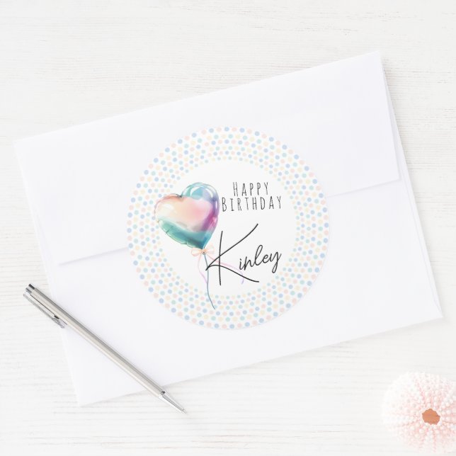 Minimalist Heart Balloon Pastel Happy Birthday  Classic Round Sticker (Envelope)