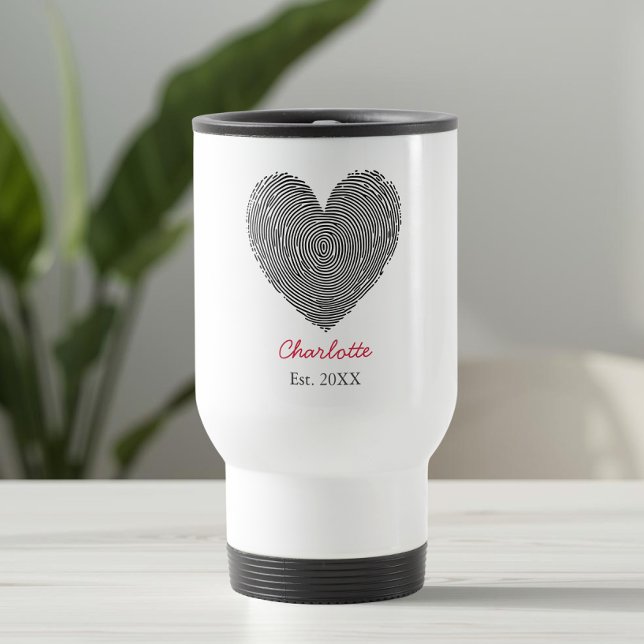 Minimalist Heart Fingerprint Personalized Name  Travel Mug (Creator Uploaded)