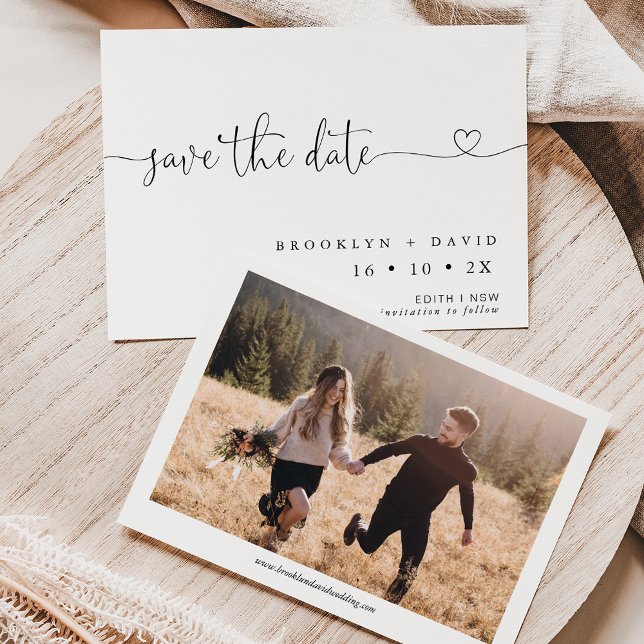 Minimalist Heart Font Wedding Save The Date Card (Minimalist wedding save the date featuring a heart calligraphy font heading and photo on the back.)