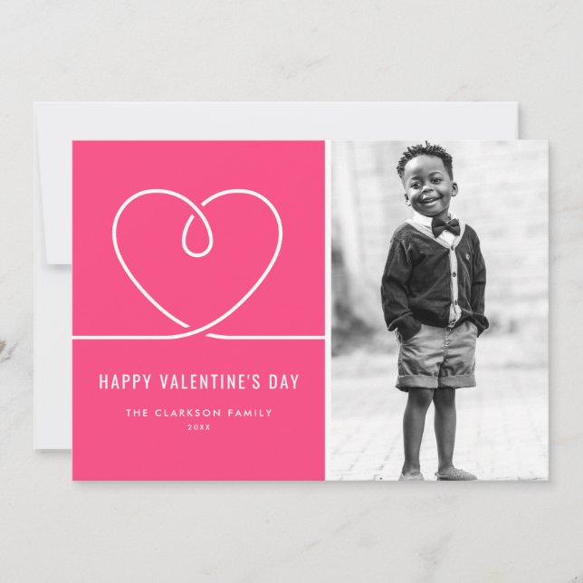 Minimalist Heart Hot Pink Valentine's Day Photo Holiday Card (Front)