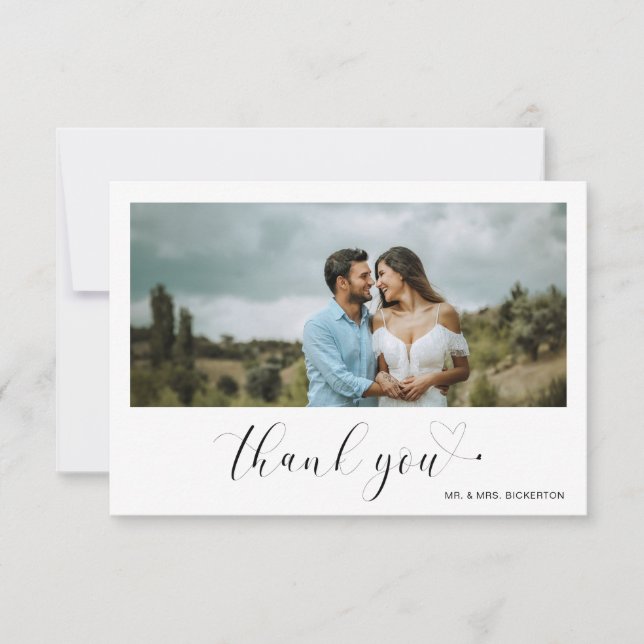 Minimalist Heart Simple Script Photo Wedding Thank You Card (Front)