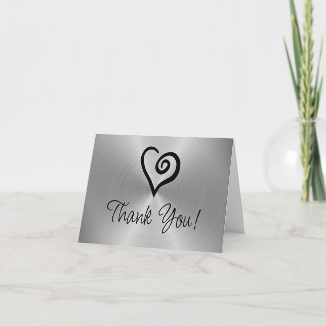 Minimalist Heart Spiral on Faux Silver Metallic  Thank You Card (Front)