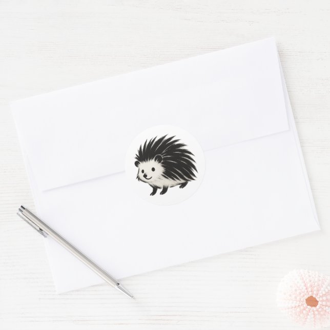 Minimalist Hedgehog – Black Ink Animal Design on  Classic Round Sticker (Envelope)