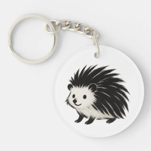Minimalist Hedgehog – Black Ink Animal Design on Key Ring