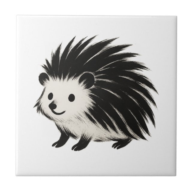 Minimalist Hedgehog – Black Ink Animal Design on  Tile (Front)