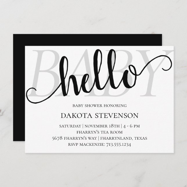 Minimalist Hello Baby Shower | Black and White Invitation (Front/Back)