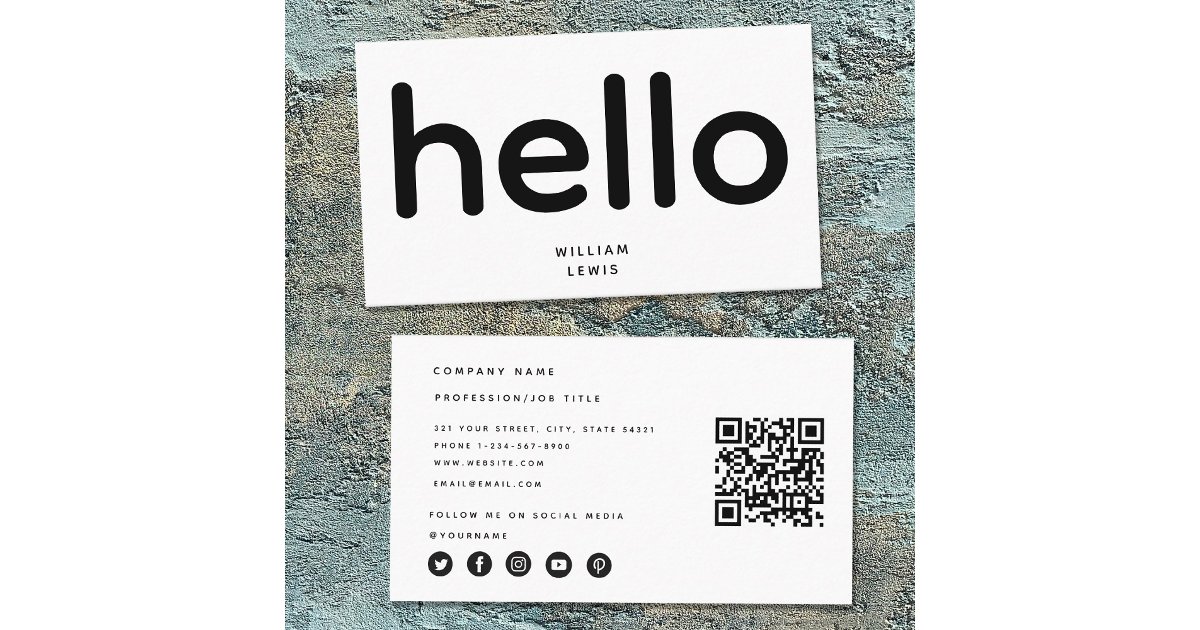 Minimalist Hello QR Code Social Media Icons Business Card | Zazzle