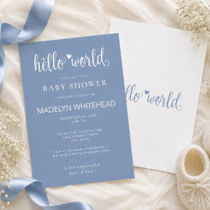 Minimalist Hello World Baby Shower Dusty Blue Invitation