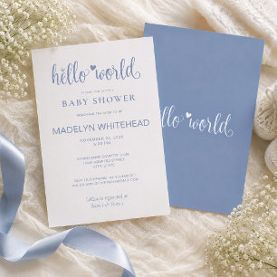 Minimalist Hello World Baby Shower Dusty Blue Invitation