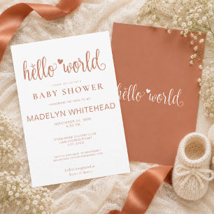 Minimalist Hello World Baby Shower Terracotta Invitation