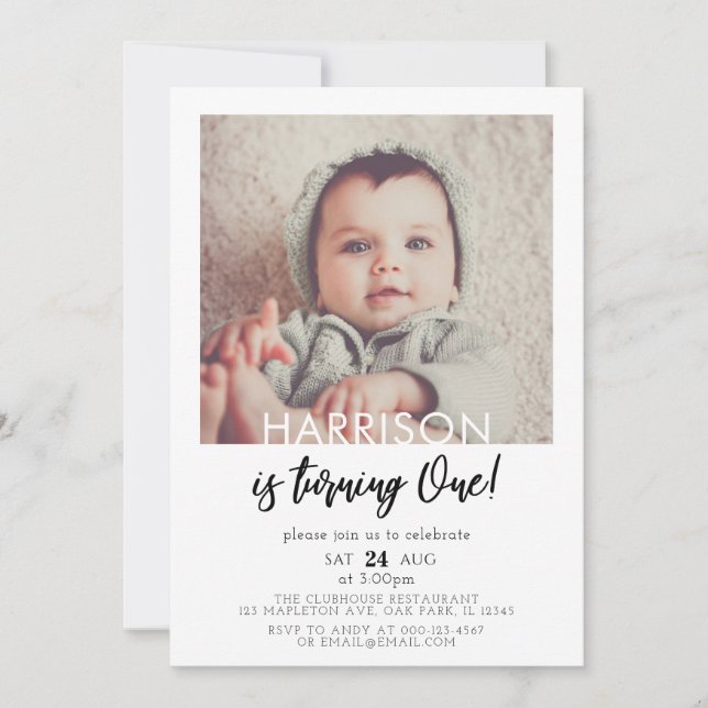 Minimalist He's Turning One Photo 1st Birthday Invitation (Front)