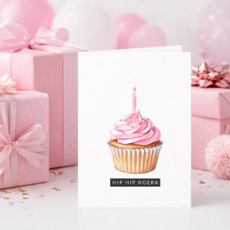 Minimalist Hip Hip Hurray Pink Cupcake Birthday Card