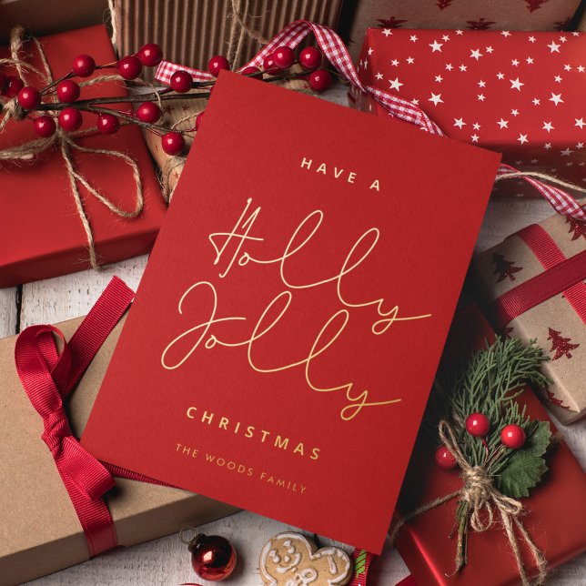 Minimalist Holly Jolly Christmas Red and Gold Foil Holiday Card (Creator Uploaded)