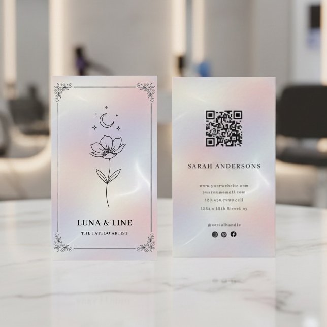 Minimalist Holographic Floral QR Code  Business Card (Creator Uploaded)