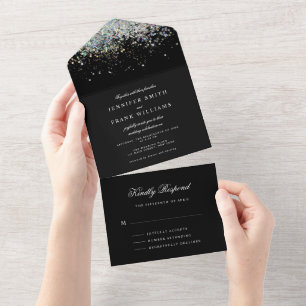 Minimalist Holographic Glitter Black Simple Modern All In One Invitation