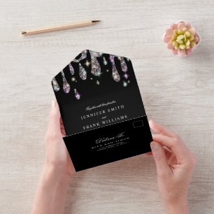 Minimalist Holographic Glitter Drips Black Simple All In One Invitation
