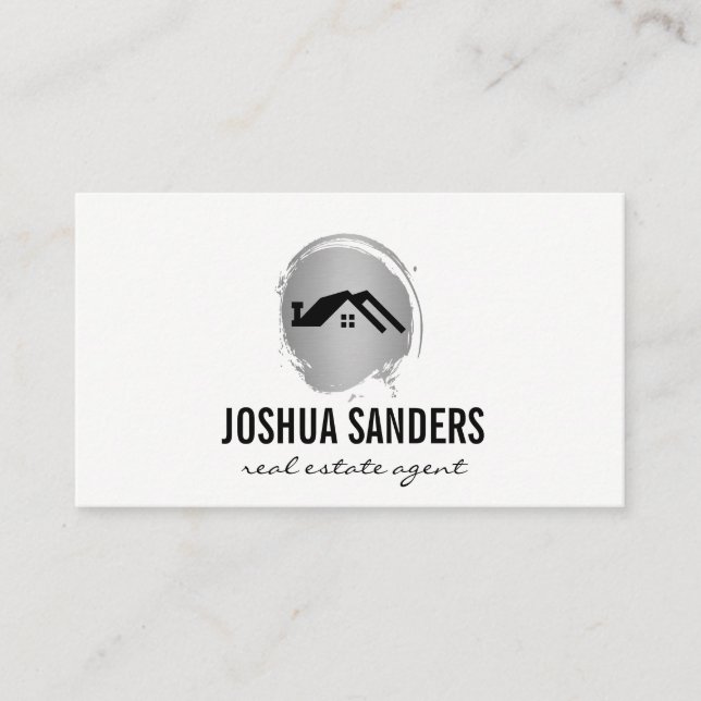 Minimalist Home Icon / Silver Brushed Business Card (Front)