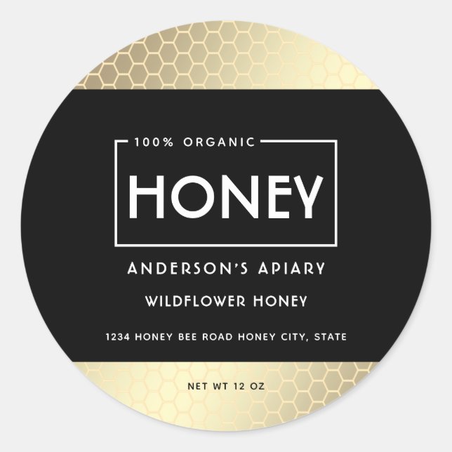 Minimalist honey comb typography black gold  classic round sticker (Front)