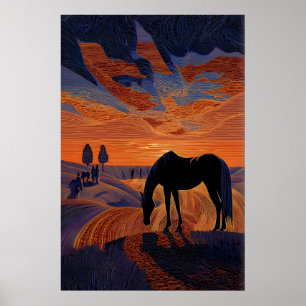 Minimalist Horse Sunset Print, Silhouette with Poster