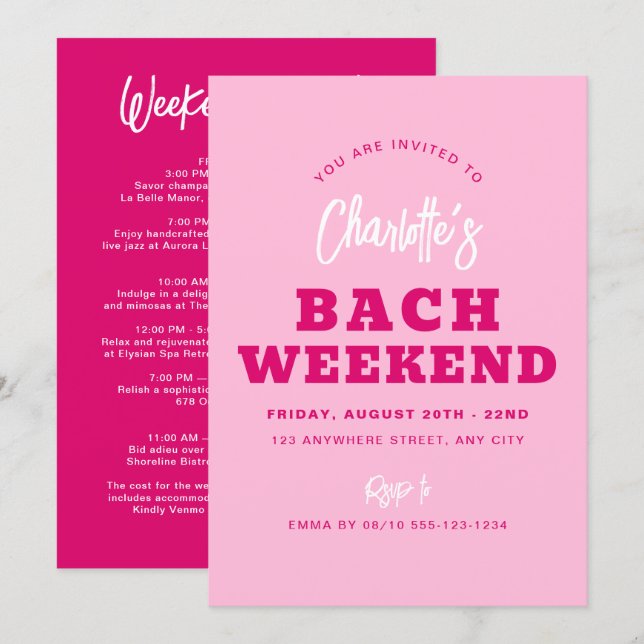 Minimalist Hot Pink Bachelorette Weekend Itinerary Invitation (Front/Back)