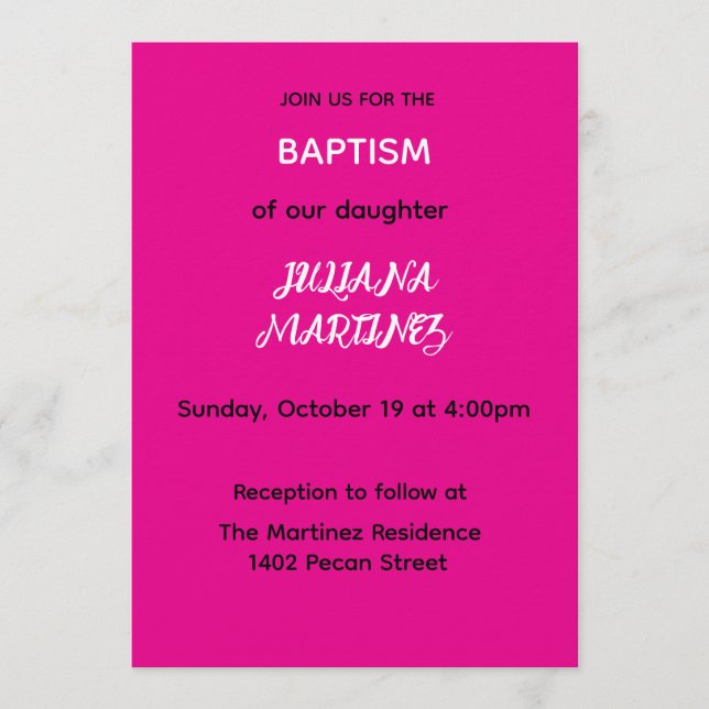 Minimalist Hot Pink Baptism Invite (Front)