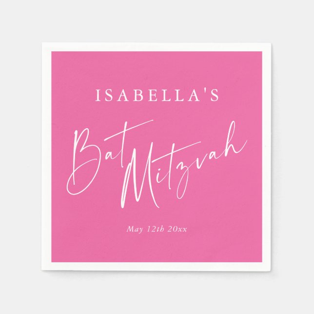 Minimalist Hot Pink Custom Bat Mitzvah Welcome Napkin (Front)