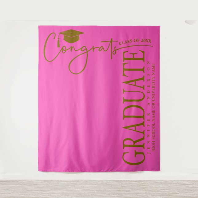 Minimalist Hot Pink & Gold Congrats Graduate  Tapestry (Front)