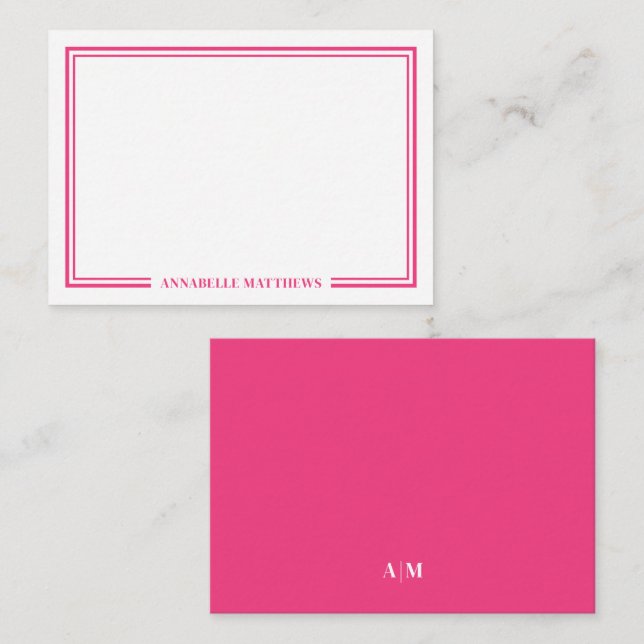 Minimalist Hot Pink Two Border Monogram Card (Front/Back)