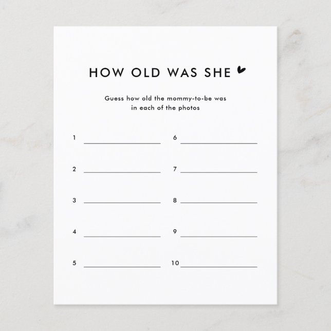 Minimalist How Old Was She Baby Shower Game  (Front)