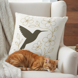 Minimalist Hummingbird & Floral Decorative Pillow